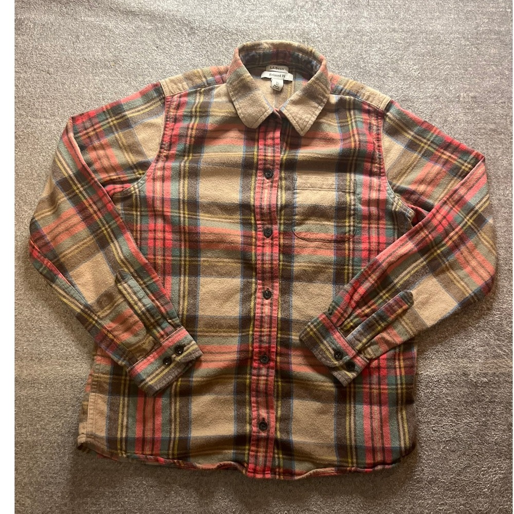 LL Bean Relaxed Fit Flannel Shirt XS Tan Red Blue Plaid Cotton 273137 Gorpcore